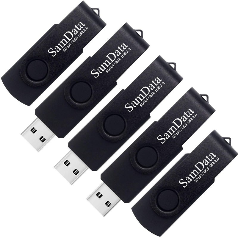 SamData USB Flash Drive 8GB 5 Pack USB 2.0 Thumb Drive Swivel Memory Stick with LED Indicator (Black, 8GB-5Pack) - Image 1